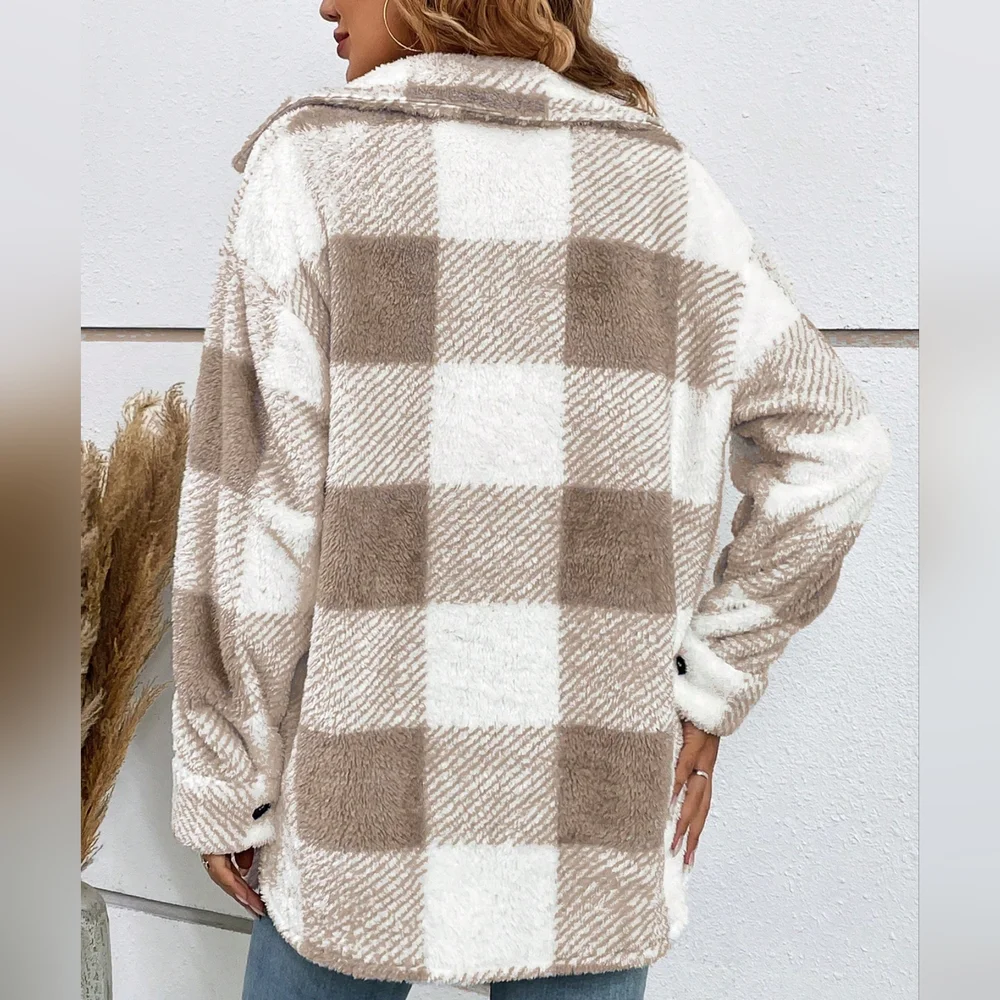Plaid Pattern Drop Shoulder Flap Pocket Teddy Coat - Picture 4 of 4